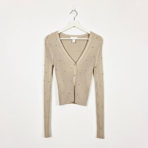 H&M Taupe Ribbed Slim-Fit Button-Up Cardigan w/ Crystal Embellishments